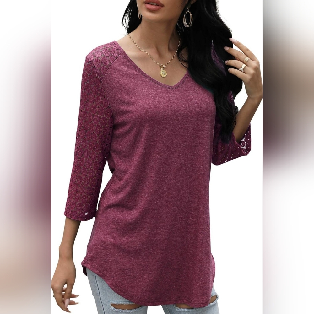 HOCOSIT Womens V-neck 3/4 Sleeve Lace - Picture 4 of 8